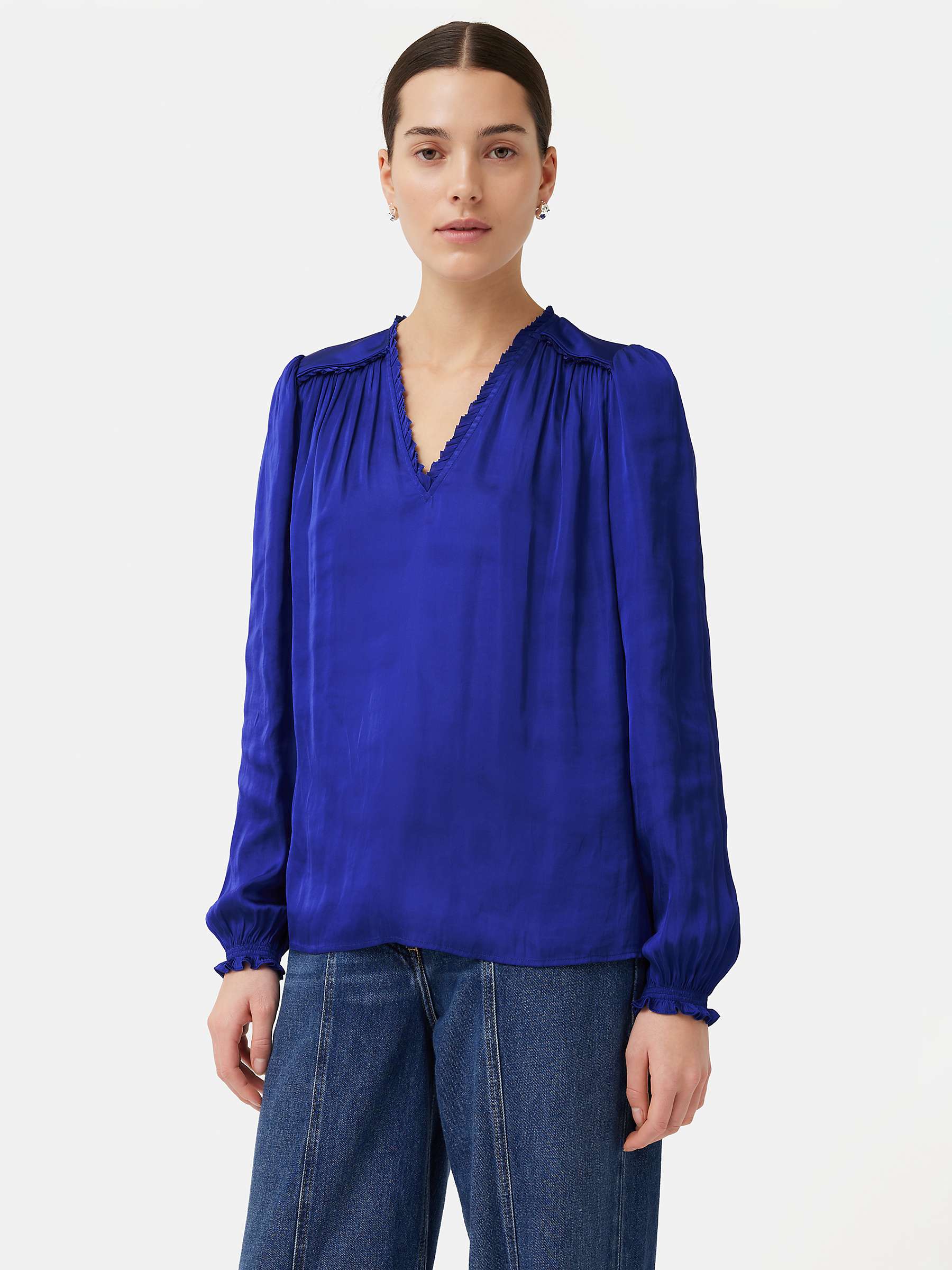 Jigsaw Recycled Satin Frill Detail Top, Blue at John Lewis & Partners