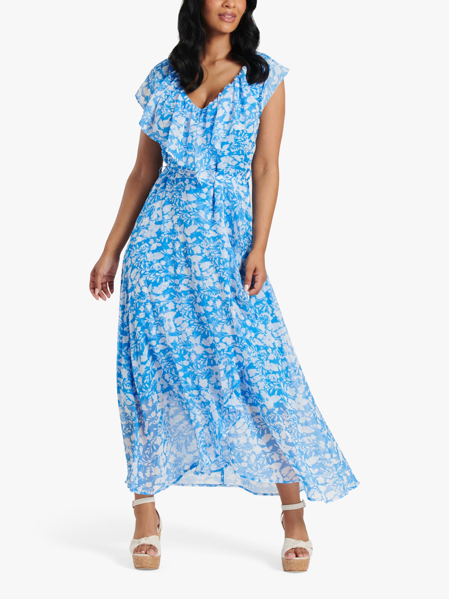 South Beach Chiffon Print Frill Neck Midi Dress, Blue/White, 8