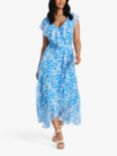 South Beach Chiffon Print Frill Neck Midi Dress, Blue/White