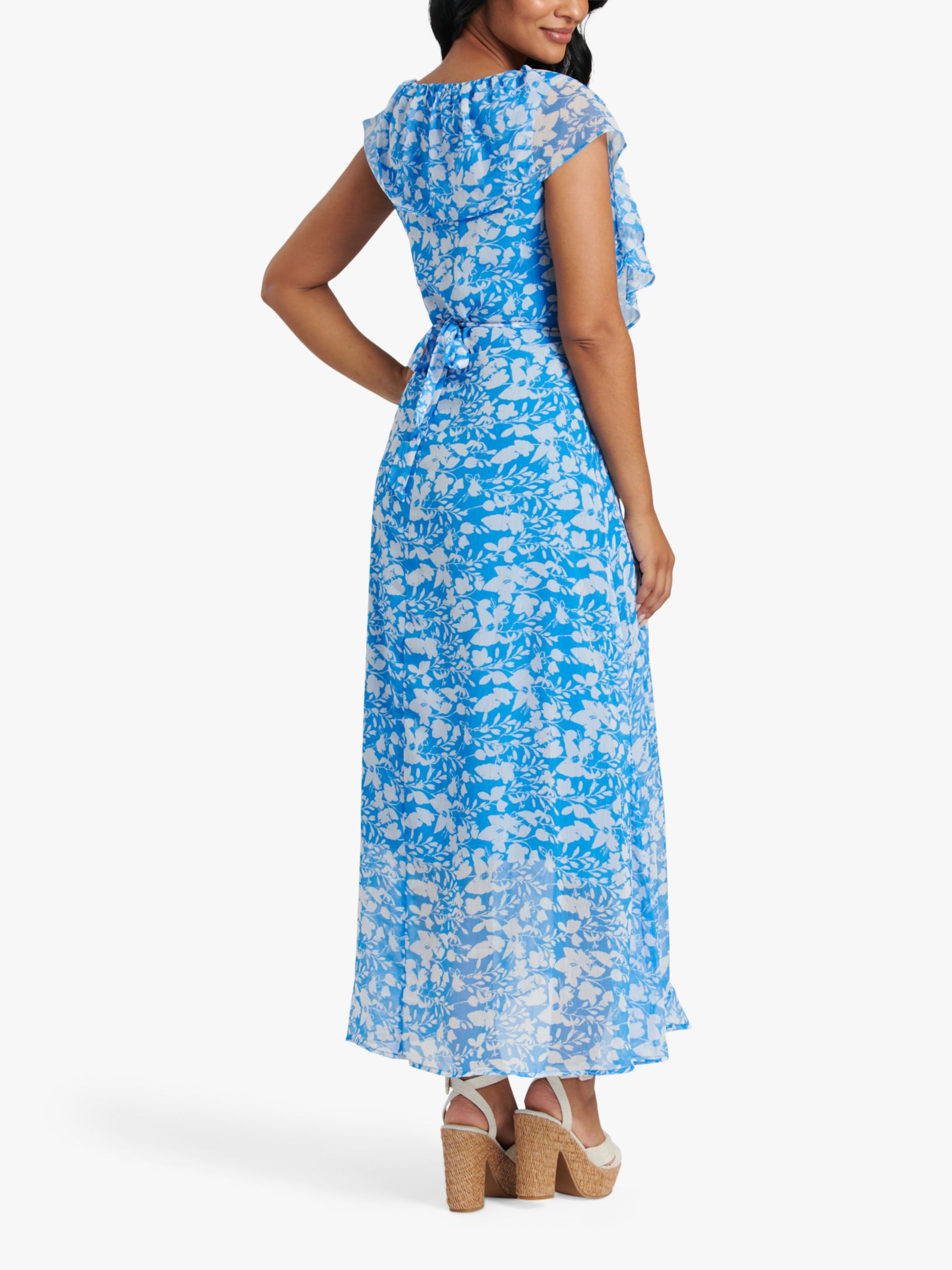 South Beach Chiffon Print Frill Neck Midi Dress, Blue/White, 8