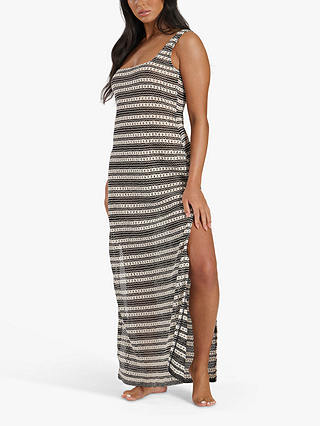 South Beach Crochet Stripe Maxi Beach Dress, Black/White