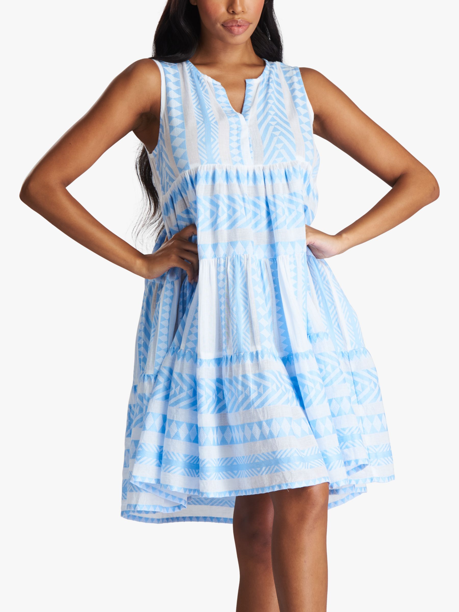 South Beach Jacquard Sleeveless Tiered Mini Dress, Blue Sky/White, 8
