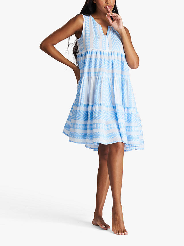 South Beach Jacquard Sleeveless Tiered Mini Dress, Blue Sky/White