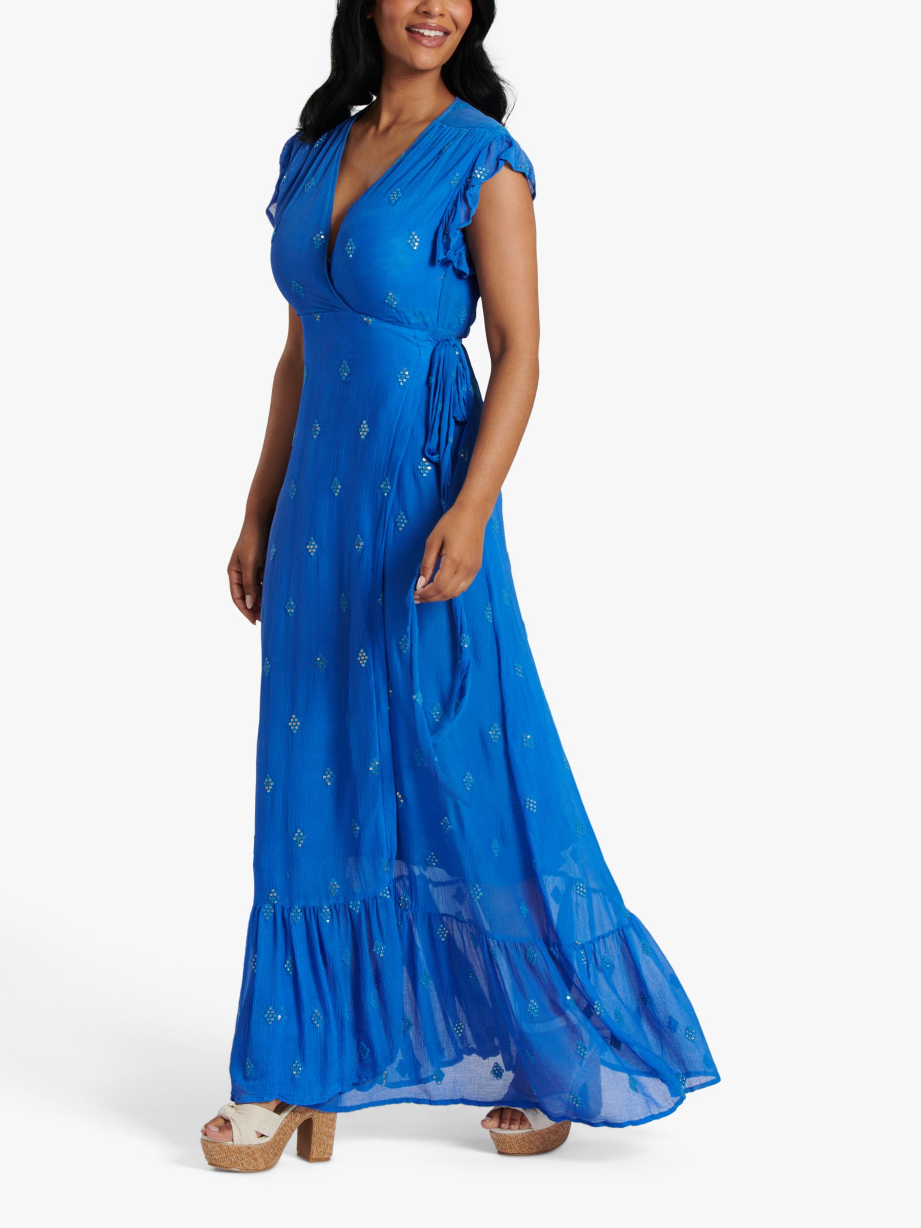 South Beach Sequin Detail Wrap Maxi Dress, Bright Blue, 8
