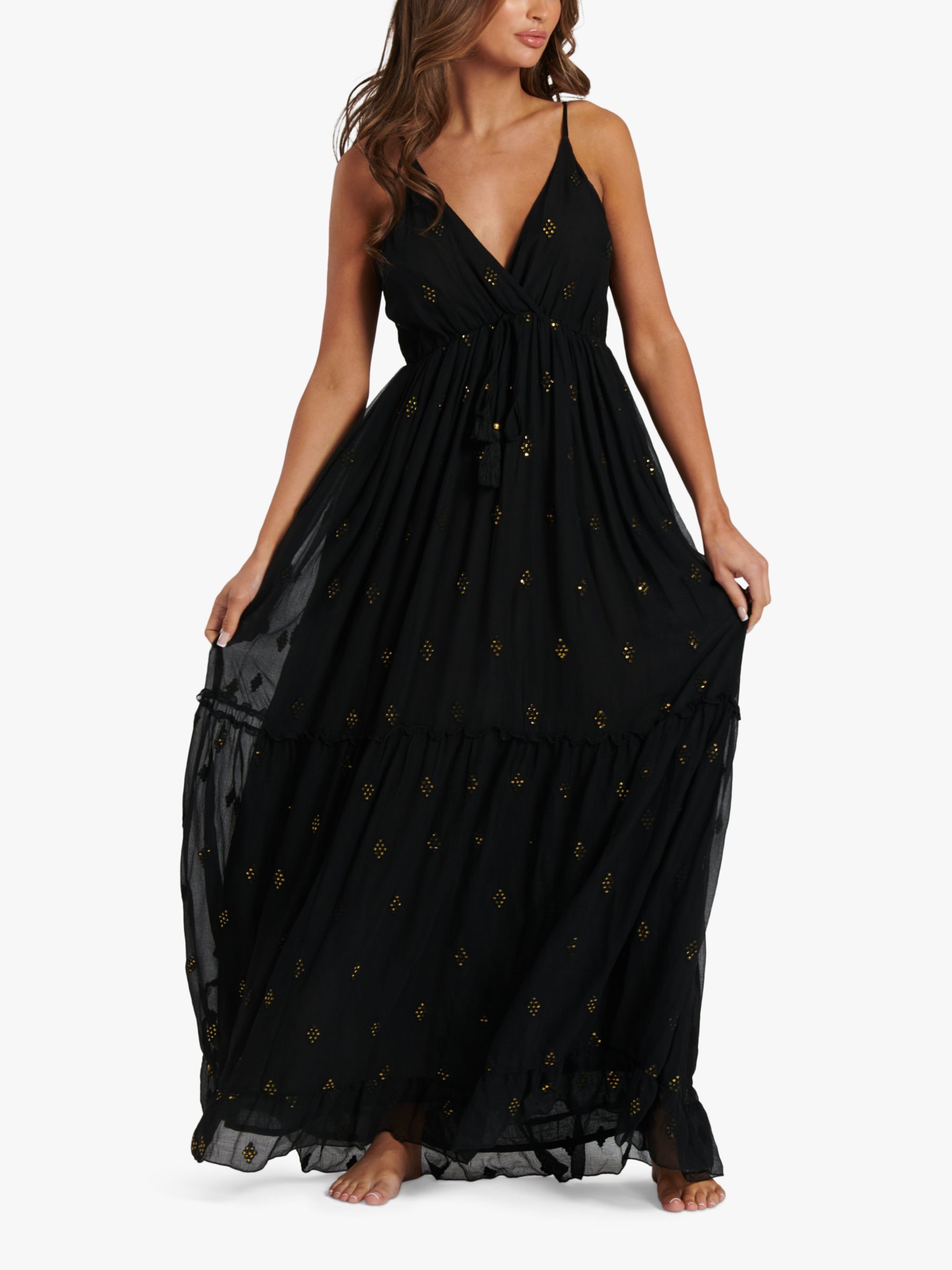 South Beach Sequin Detail Tiered Maxi Dress, Black/Gold, 8