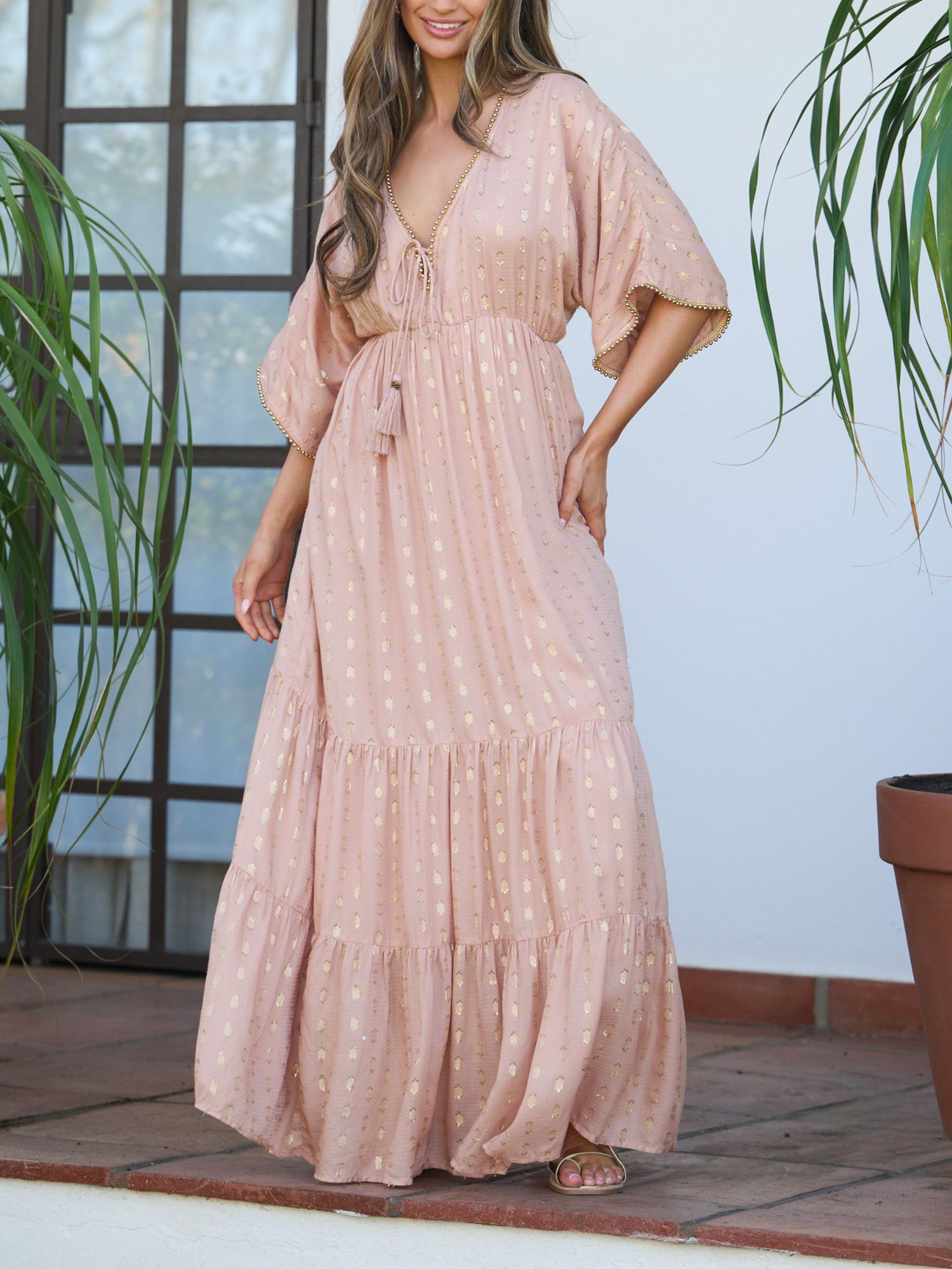 South Beach Metallic Jacquard Spot Tiered Maxi Dress, Nude, 8