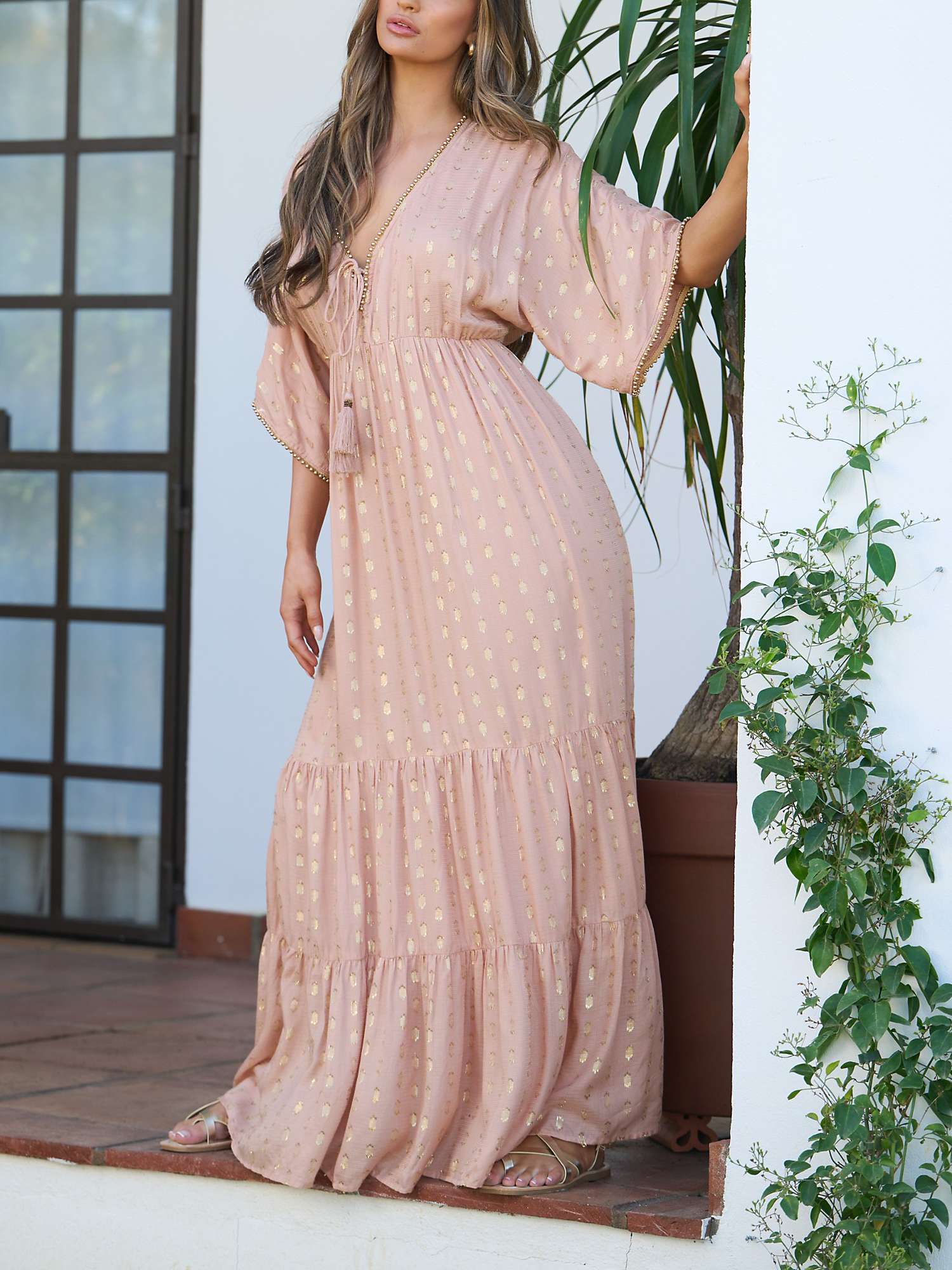 Buy South Beach Metallic Jacquard Spot Tiered Maxi Dress, Nude Online at johnlewis.com