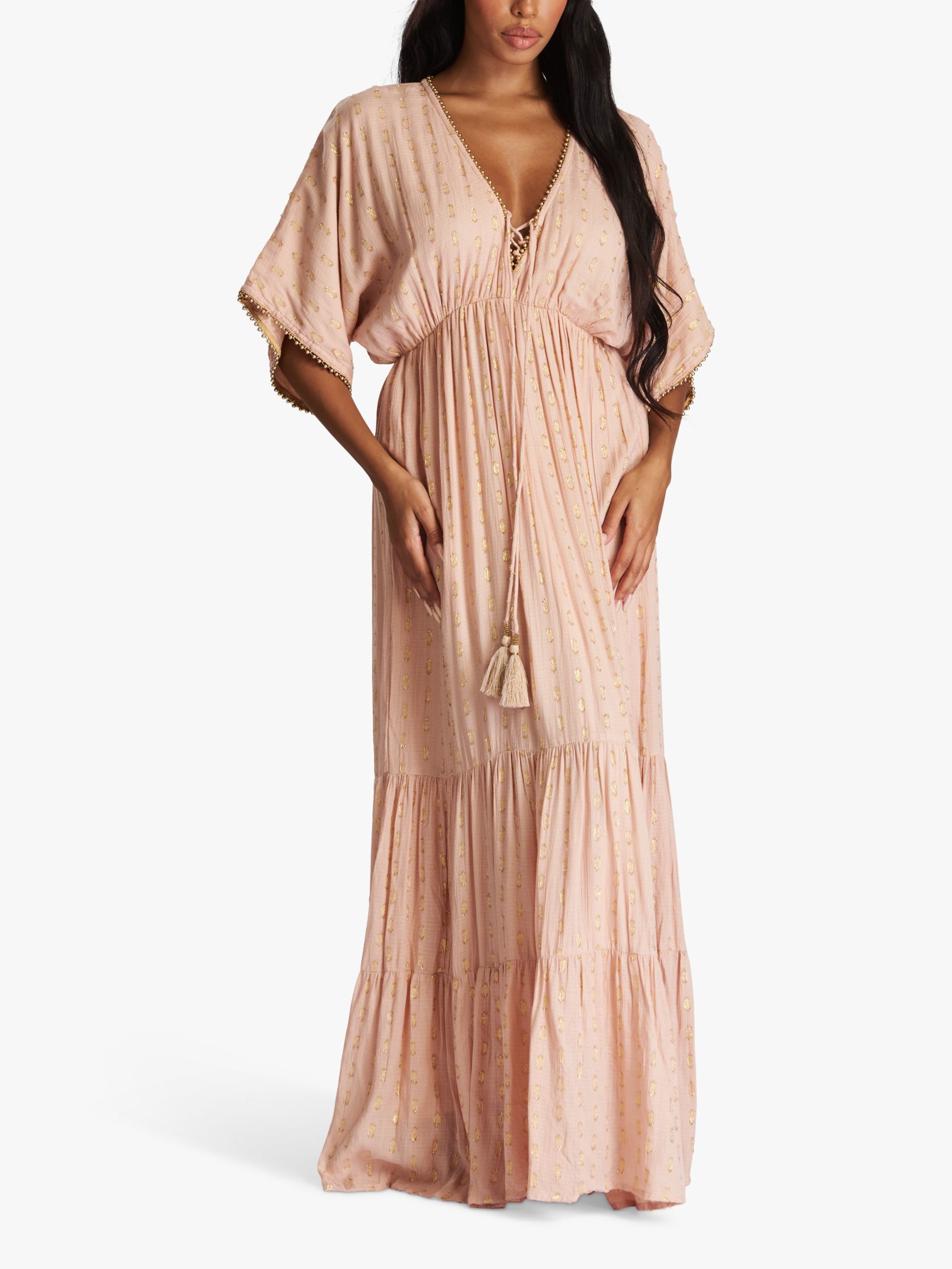 South Beach Metallic Jacquard Spot Tiered Maxi Dress, Nude, 8