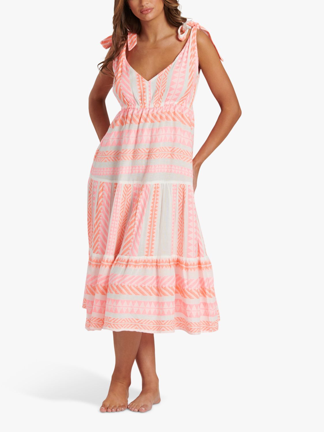 South Beach Jacquard Tie Shoulder Midi Dress, Pink/White, 8
