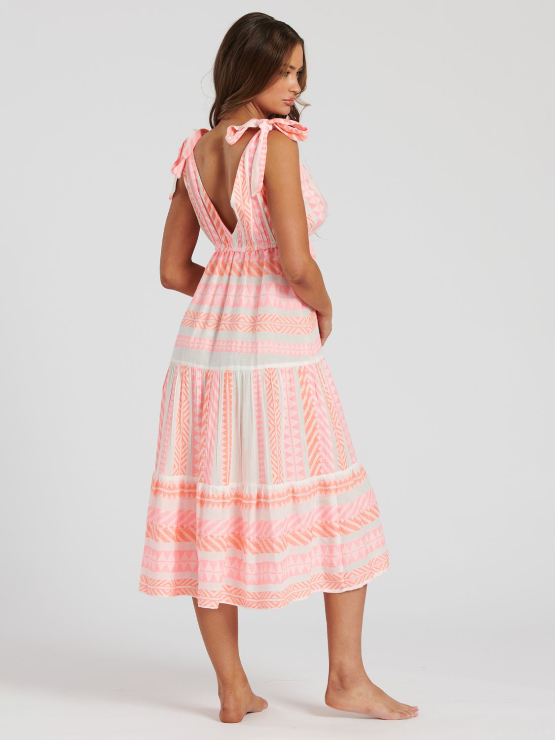 South Beach Jacquard Tie Shoulder Midi Dress, Pink/White, 8