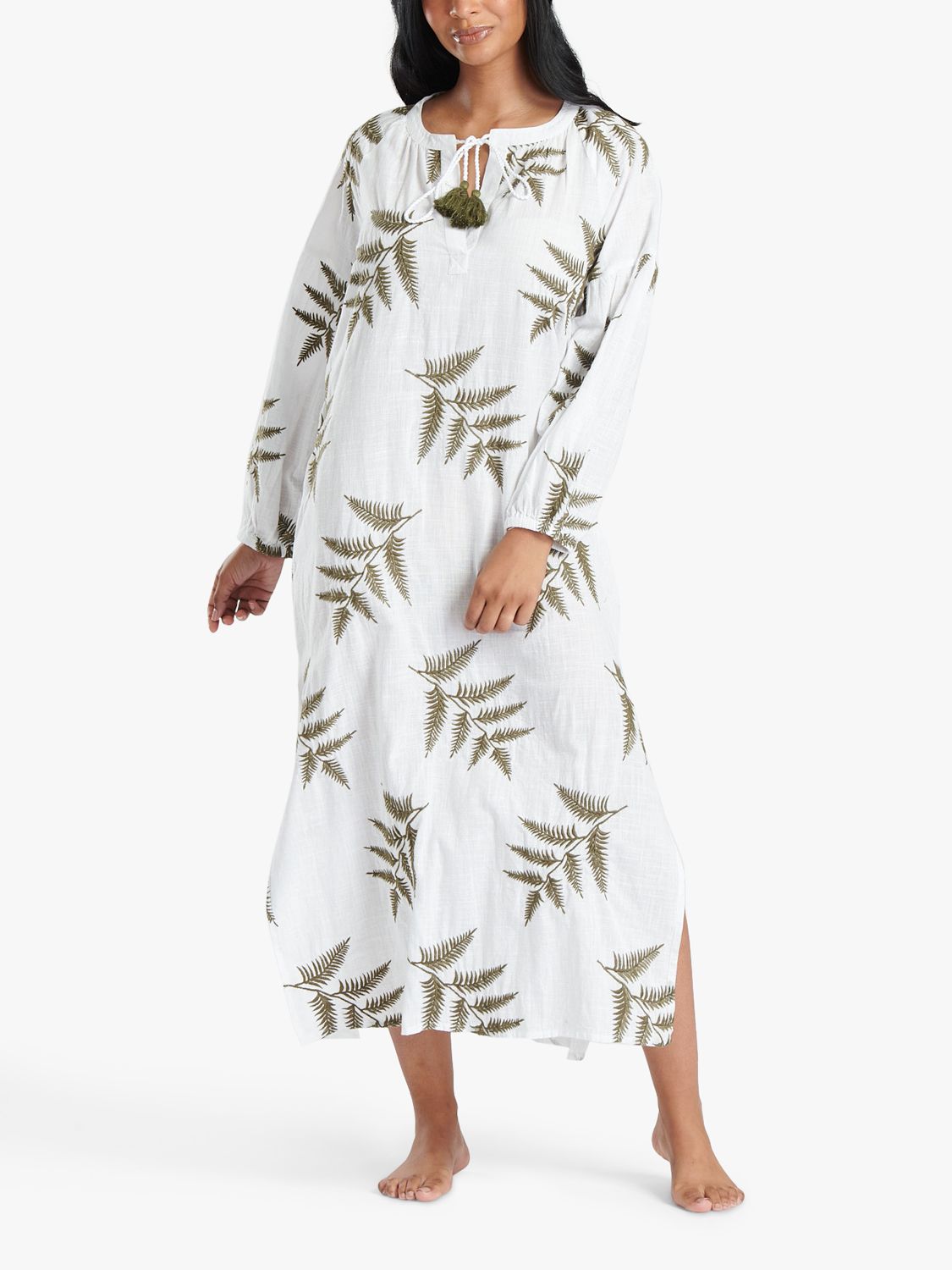 South Beach Embroidered Tie Neck Maxi Beach Dress, White/Olive, 14