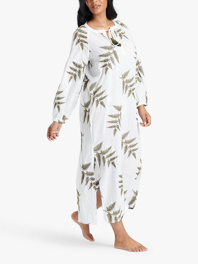 South Beach Embroidered Tie Neck Maxi Beach Dress, White/Olive