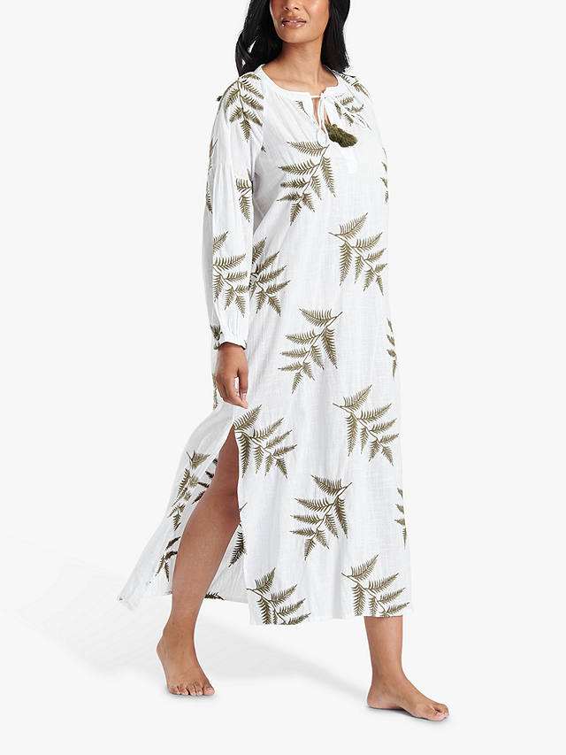 South Beach Embroidered Tie Neck Maxi Beach Dress, White/Olive