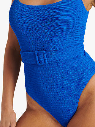 South Beach Wave Crinkle Belted Scoop Neck Swimsuit, Bright Blue