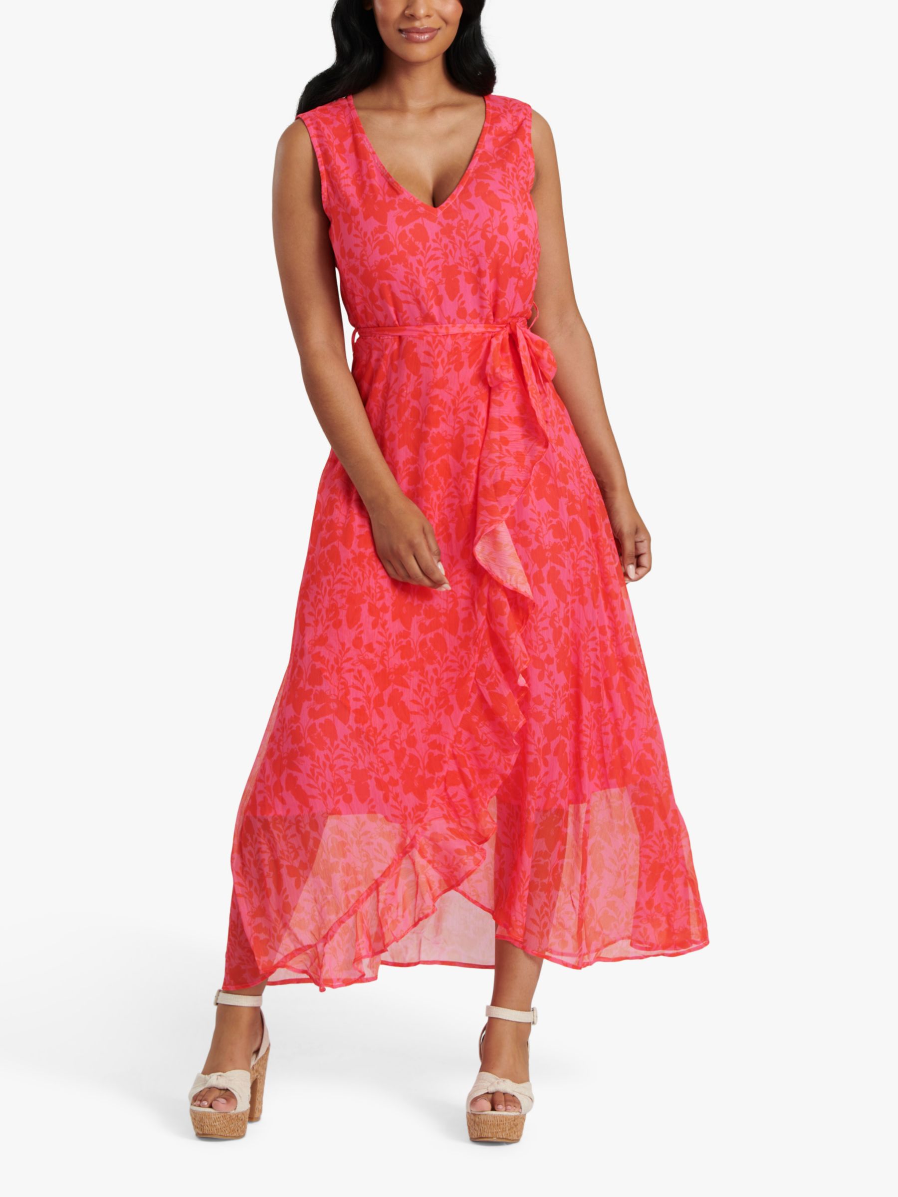 South Beach Chiffon V-Neck Frill Wrap Midi Dress, Red/Pink, 10