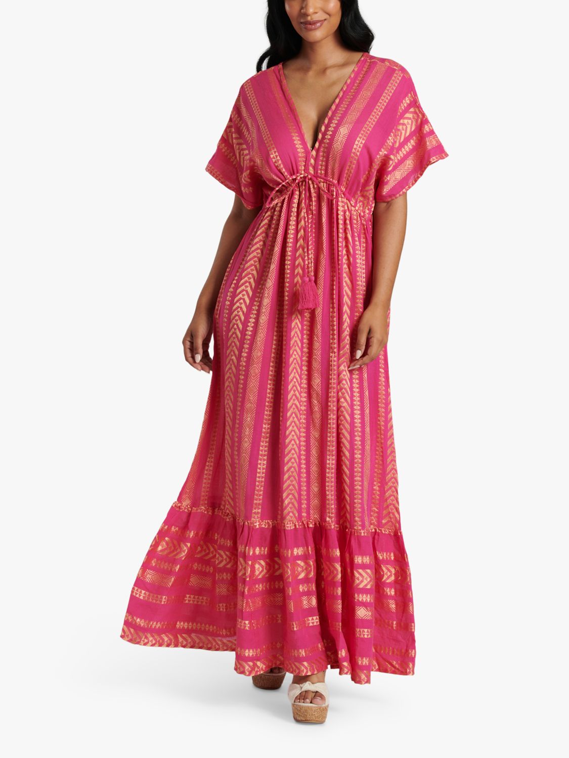 South Beach Metallic Jacquard V-Neck Maxi Dress, Pink/Gold, 10
