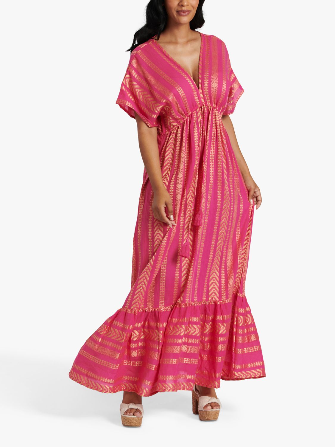 South Beach Metallic Jacquard V-Neck Maxi Dress, Pink/Gold, 10
