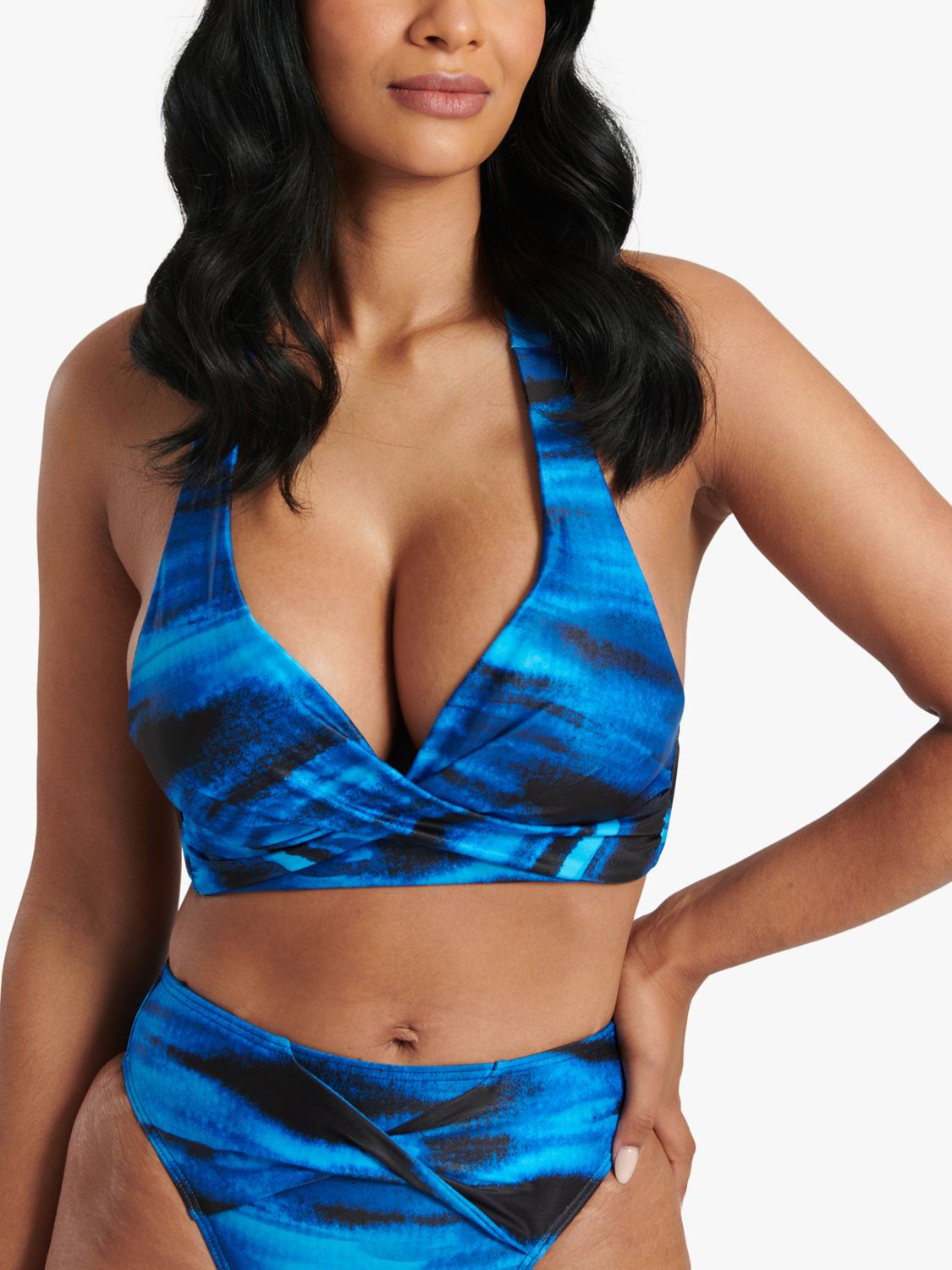 South Beach Printed Twisted Cup Halterneck Bikini Top, Blue/Multi, 8