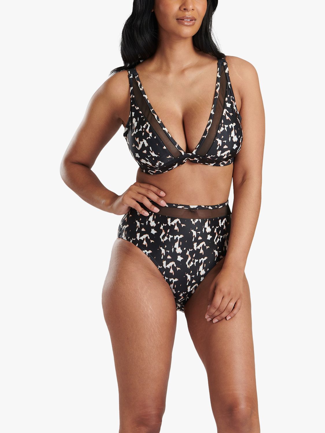 South Beach Leopard Print Mesh Panel Bikini Top, Brown/Multi, 8