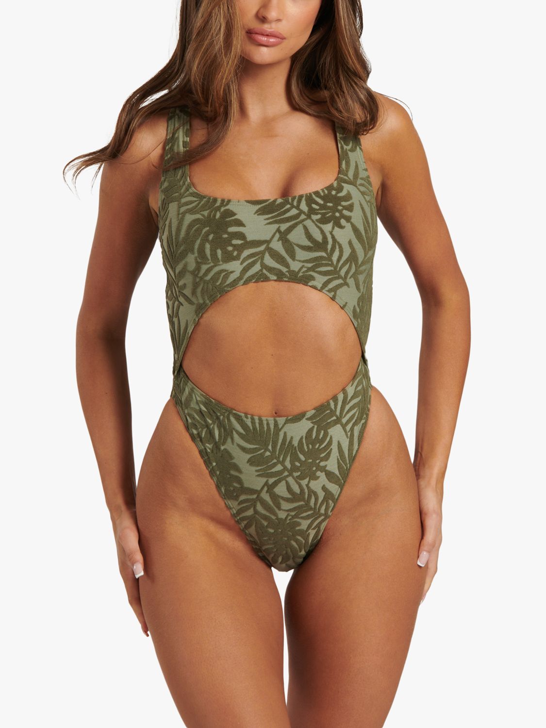 South Beach Embossed Leaf Cut Out Swimsuit, Olive, 8