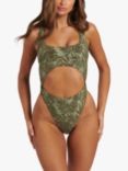 South Beach Embossed Leaf Cut Out Swimsuit, Olive
