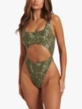 South Beach Embossed Leaf Cut Out Swimsuit, Olive
