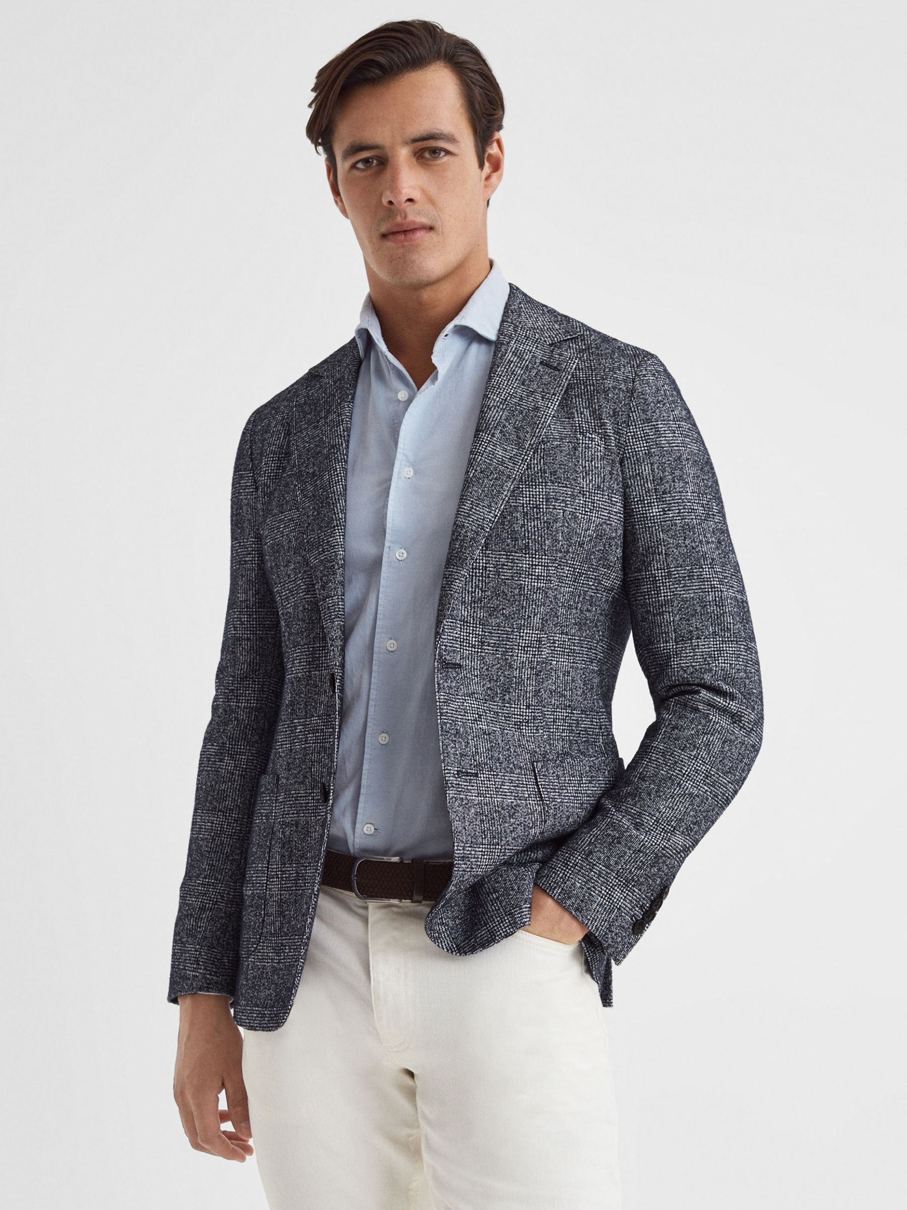 Reiss Lindhurst Wool Blend Single Breasted Check Blazer, Navy/Grey at ...