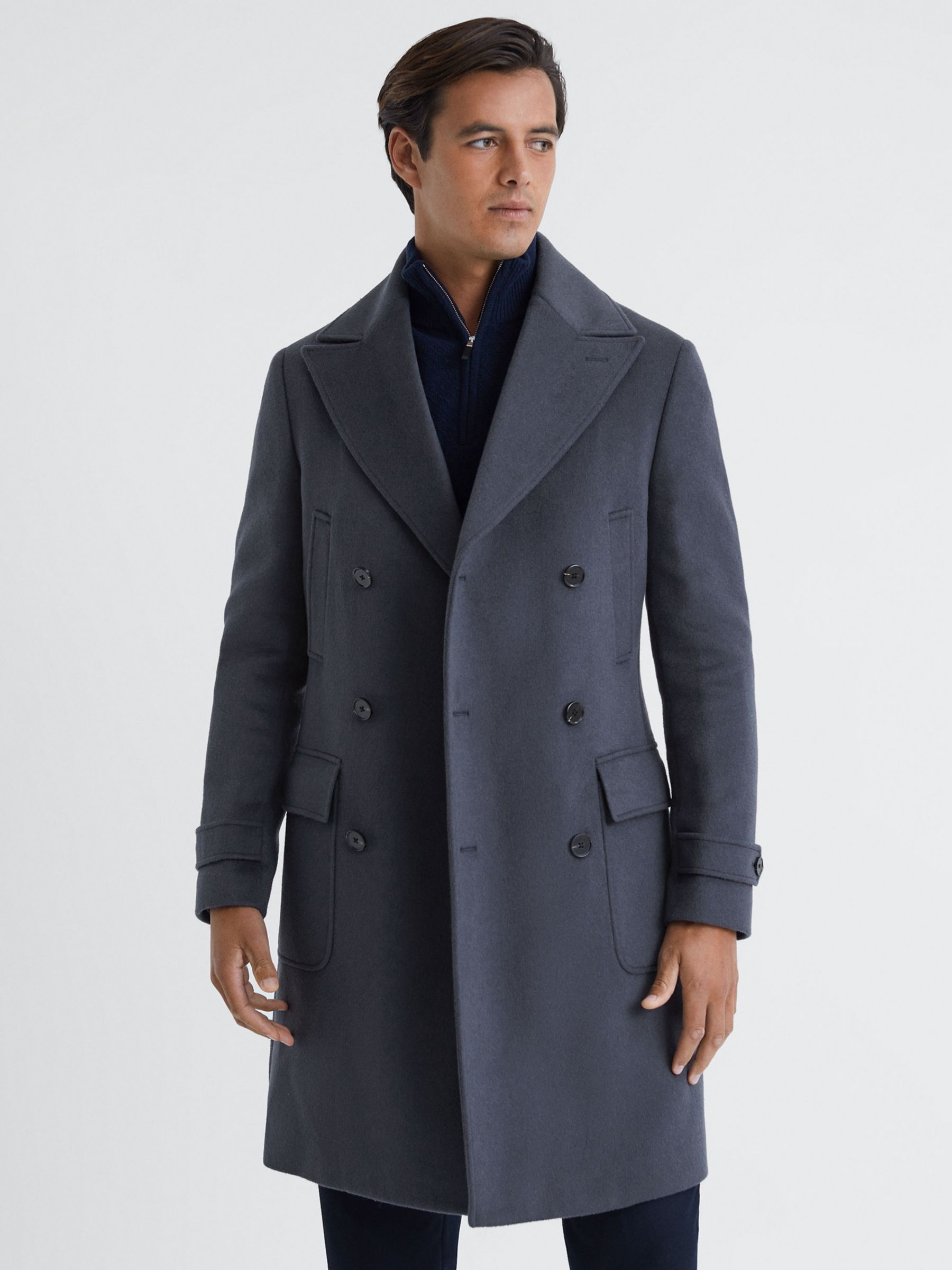 Reiss Crowd Wool Blend Military Overcoat, Airforce Blue