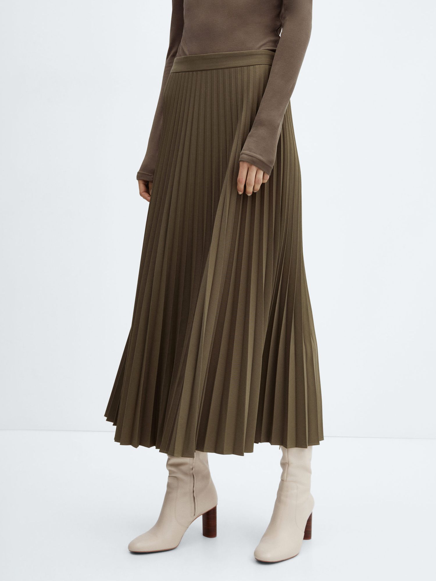 Mango Camila Pleated Midi Skirt, Khaki at John Lewis & Partners
