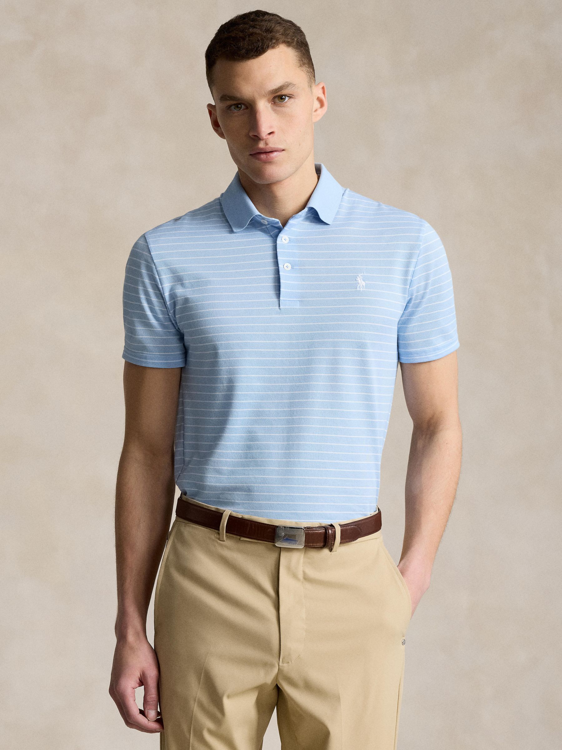 Ralph Lauren Tailored Fit Performance Stripe Polo Shirt, Office Blue/Ceramic White, M