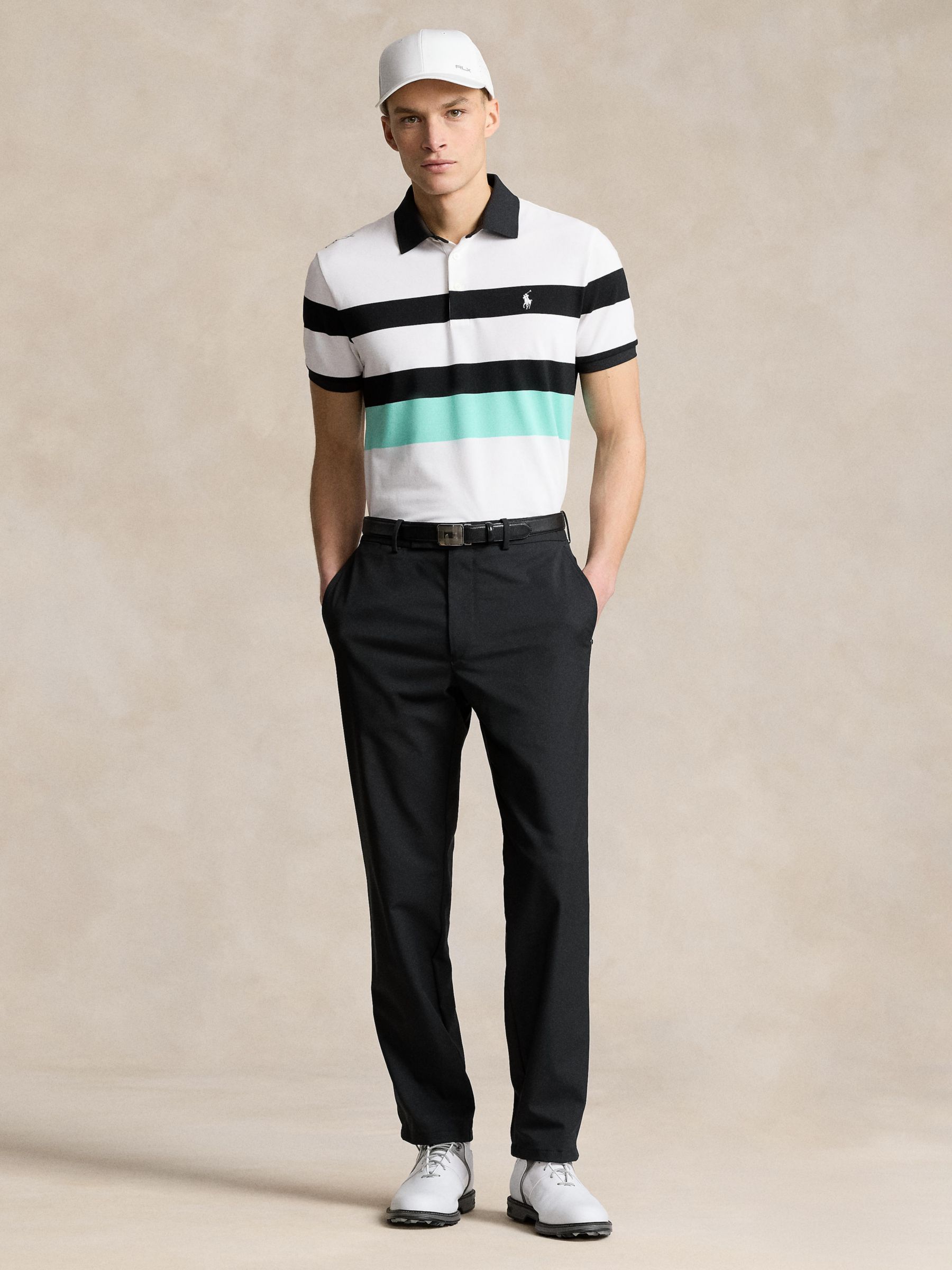 Ralph Lauren Tailored Fit Performance Stripe Polo Shirt, Ceramic White/Multi, S