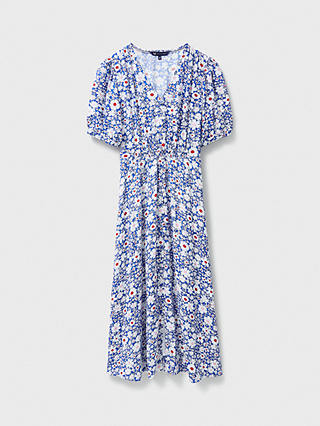 Crew Clothing Lola Floral Print Short Sleeve Midi Dress, Blue/Multi