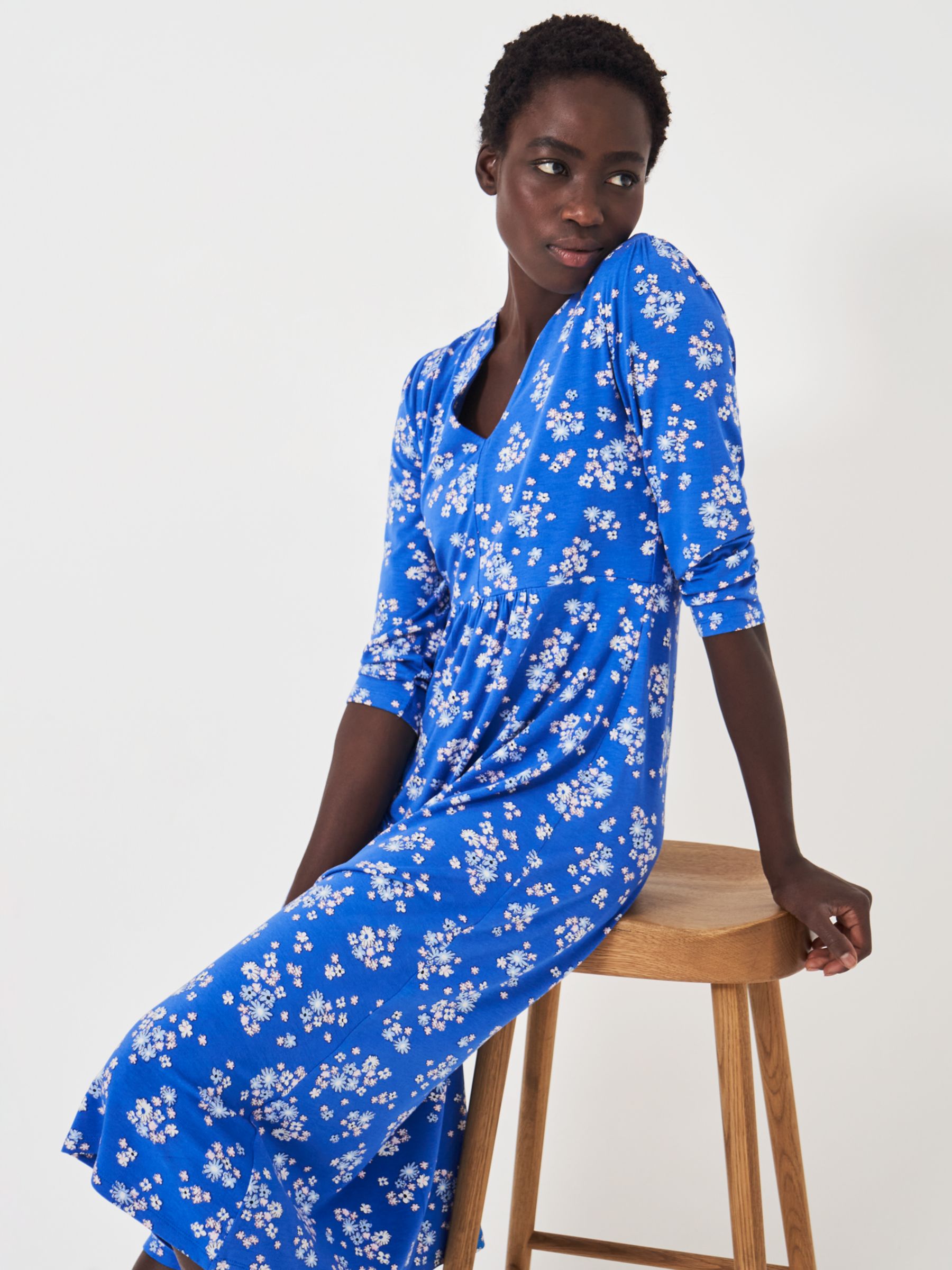 Crew Clothing Emi Floral Print Jersey Midi Dress, Blue/Multi at John ...