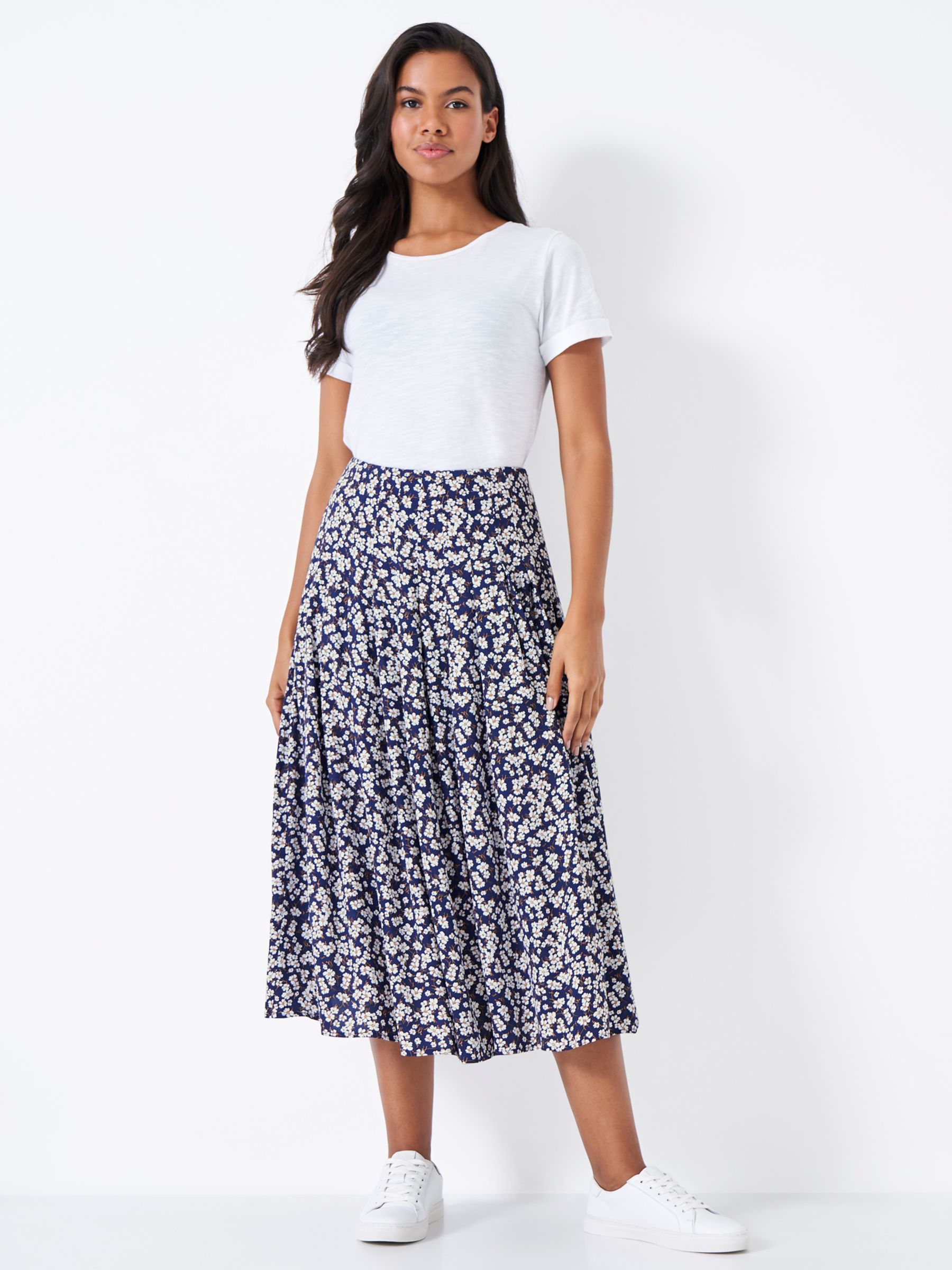 Crew Clothing Floral Printed Tiered Midi Skirt, Navy/Multi at John ...