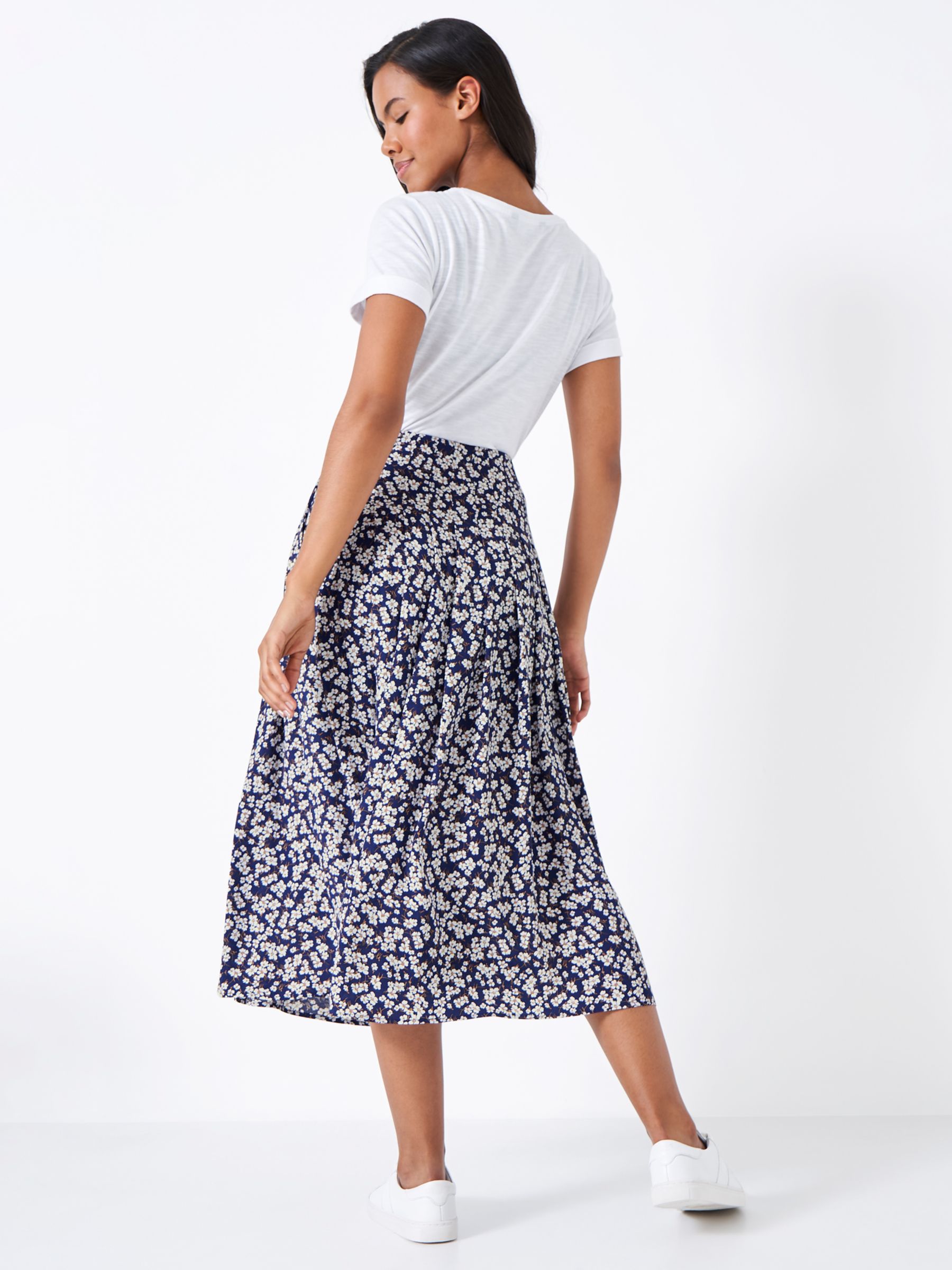 Crew Clothing Floral Printed Tiered Midi Skirt, Navy/Multi, 12