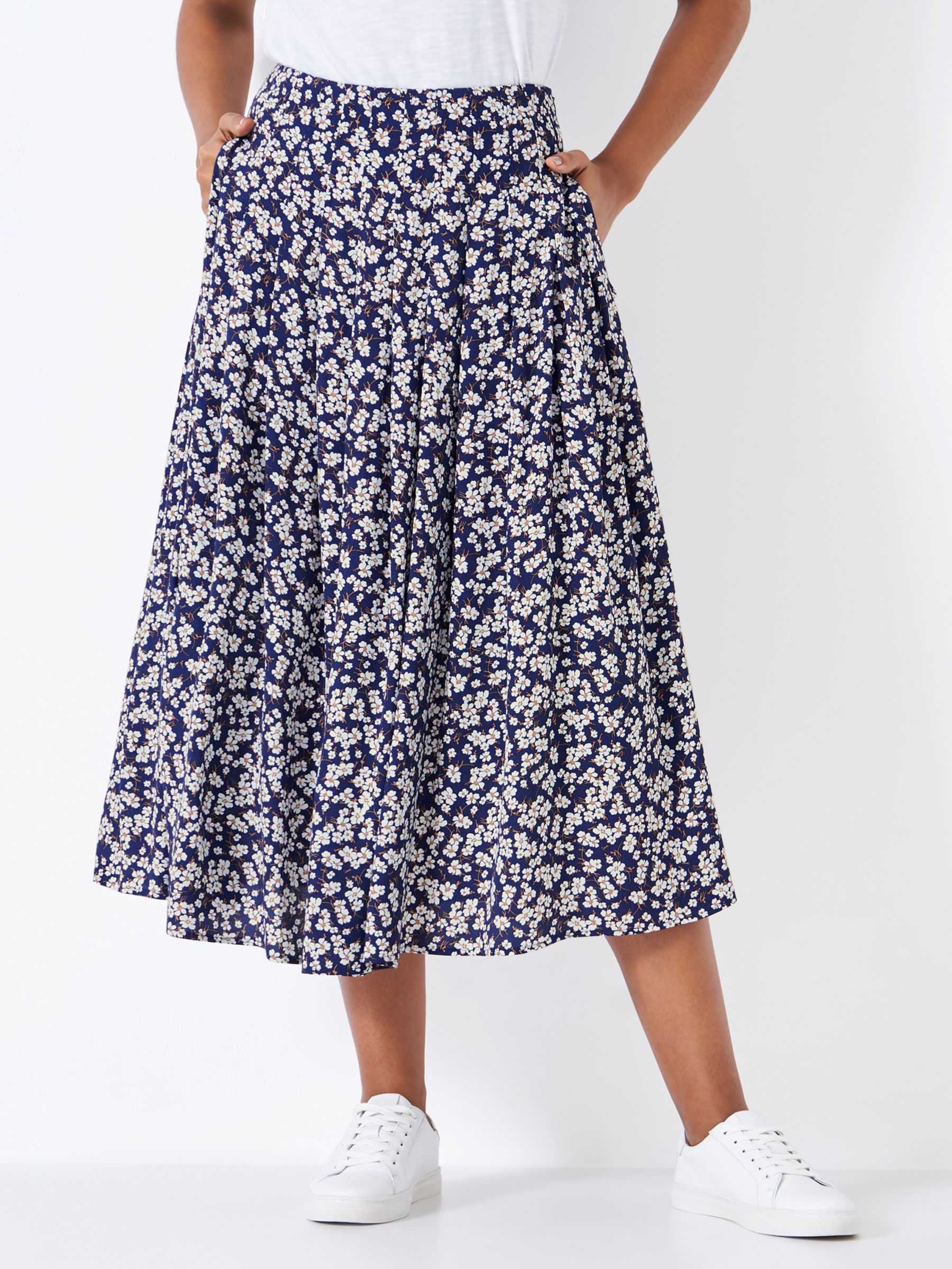Crew Clothing Floral Printed Tiered Midi Skirt, Navy/Multi, 12