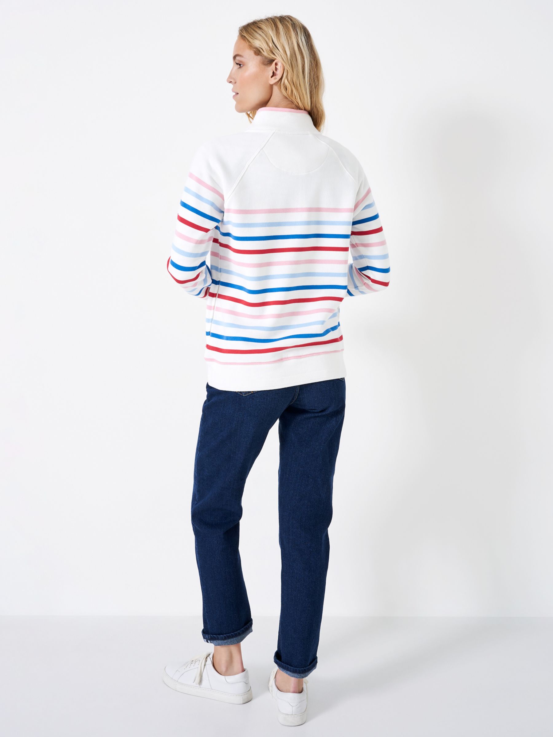 Crew Clothing Half Zip Striped Sweatshirt, White/Multi, 14