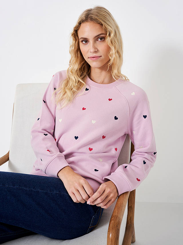 Crew Clothing Heart Embroidered Sweatshirt, Bright Pink/Multi