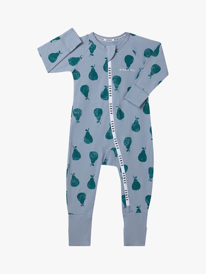 Bonds Baby Wondercool Print Zip Through Wondersuit, Blue/Pear, Newborn
