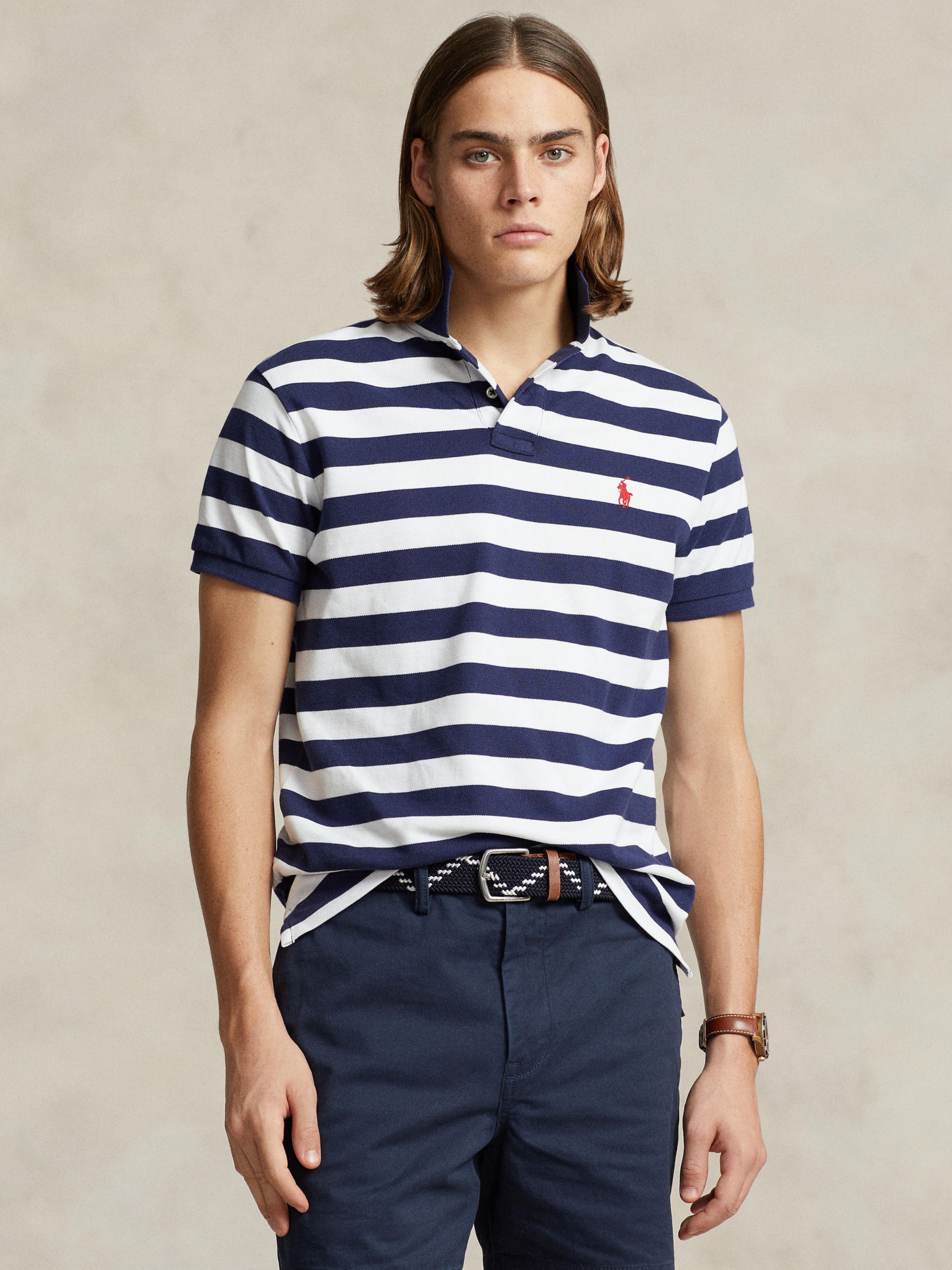 Ralph Lauren Striped Cotton Custom Slim Fit Mesh Polo Shirt, Navy/White, M
