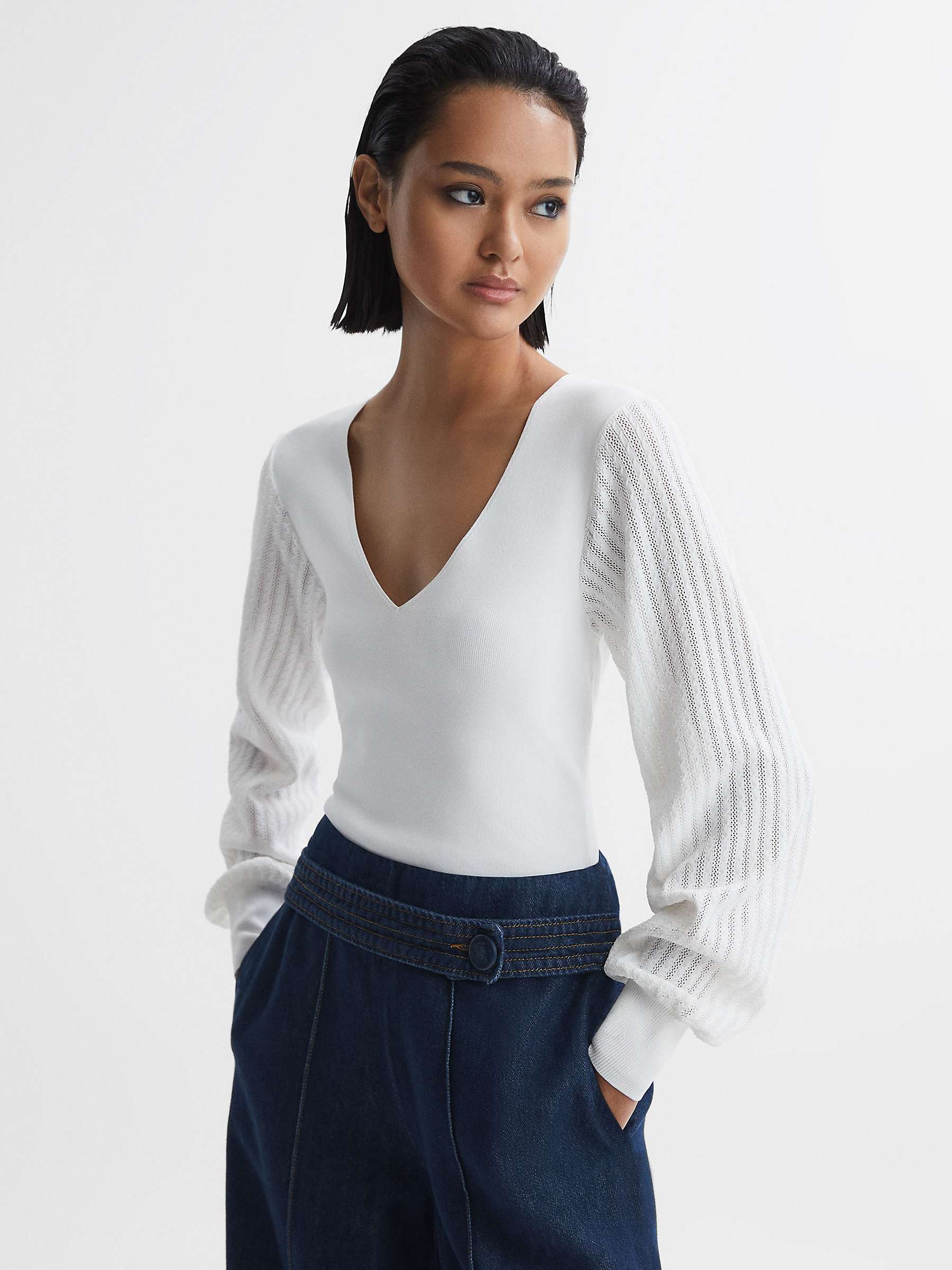 Reiss Lexi Stitch Sleeve Knitted Top, Ivory at John Lewis & Partners