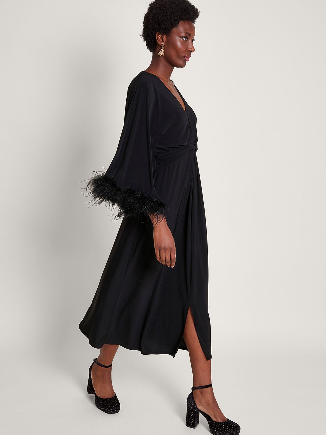 Monsoon Pip Feather Midi Dress, Black at John Lewis & Partners