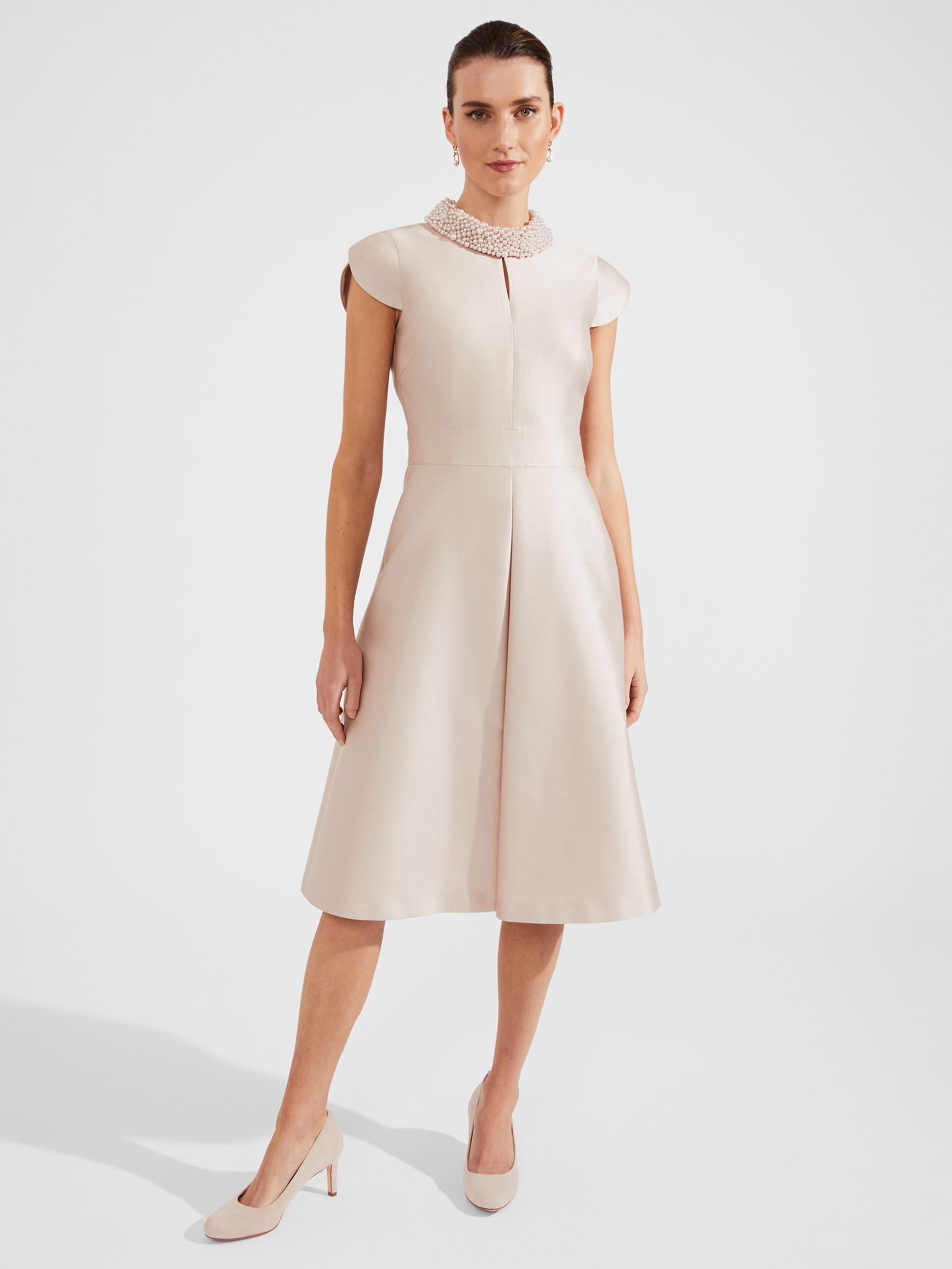 Hobbs Marcella Silk Blend Beaded Dress, Oyster at John Lewis & Partners