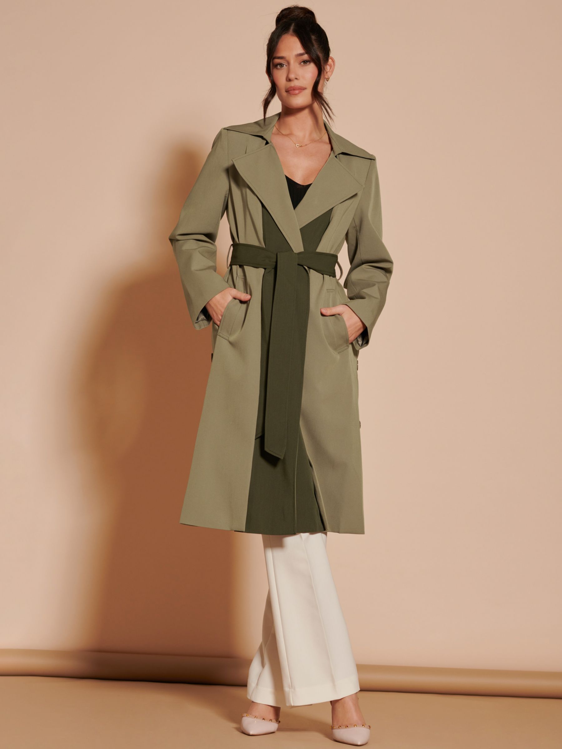 Jolie Moi Two Tone Double Breasted Trench Coat, Soldier Green at John ...