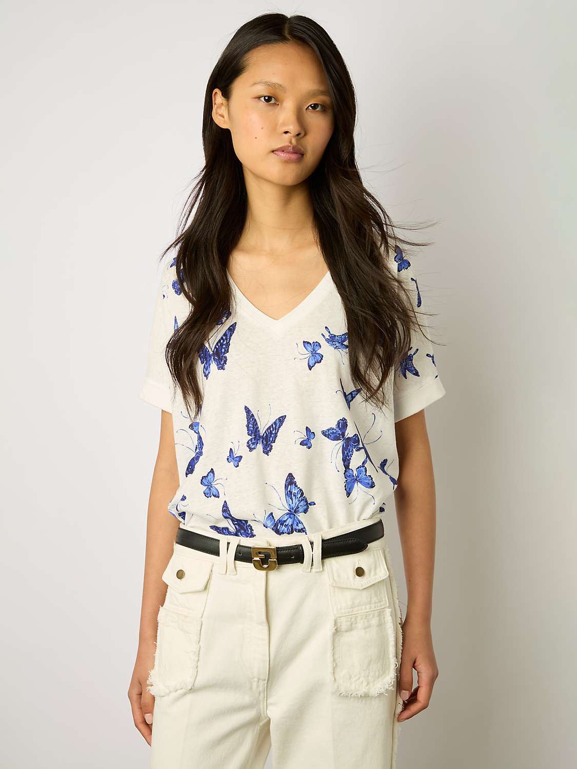 Buy Gerard Darel Mirela Linen Blend Butterfly Print T-Shirt, Blue Online at johnlewis.com