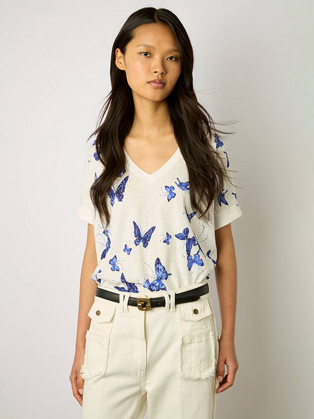 Gerard Darel Mirela Linen Blend Butterfly Print T-Shirt, Blue