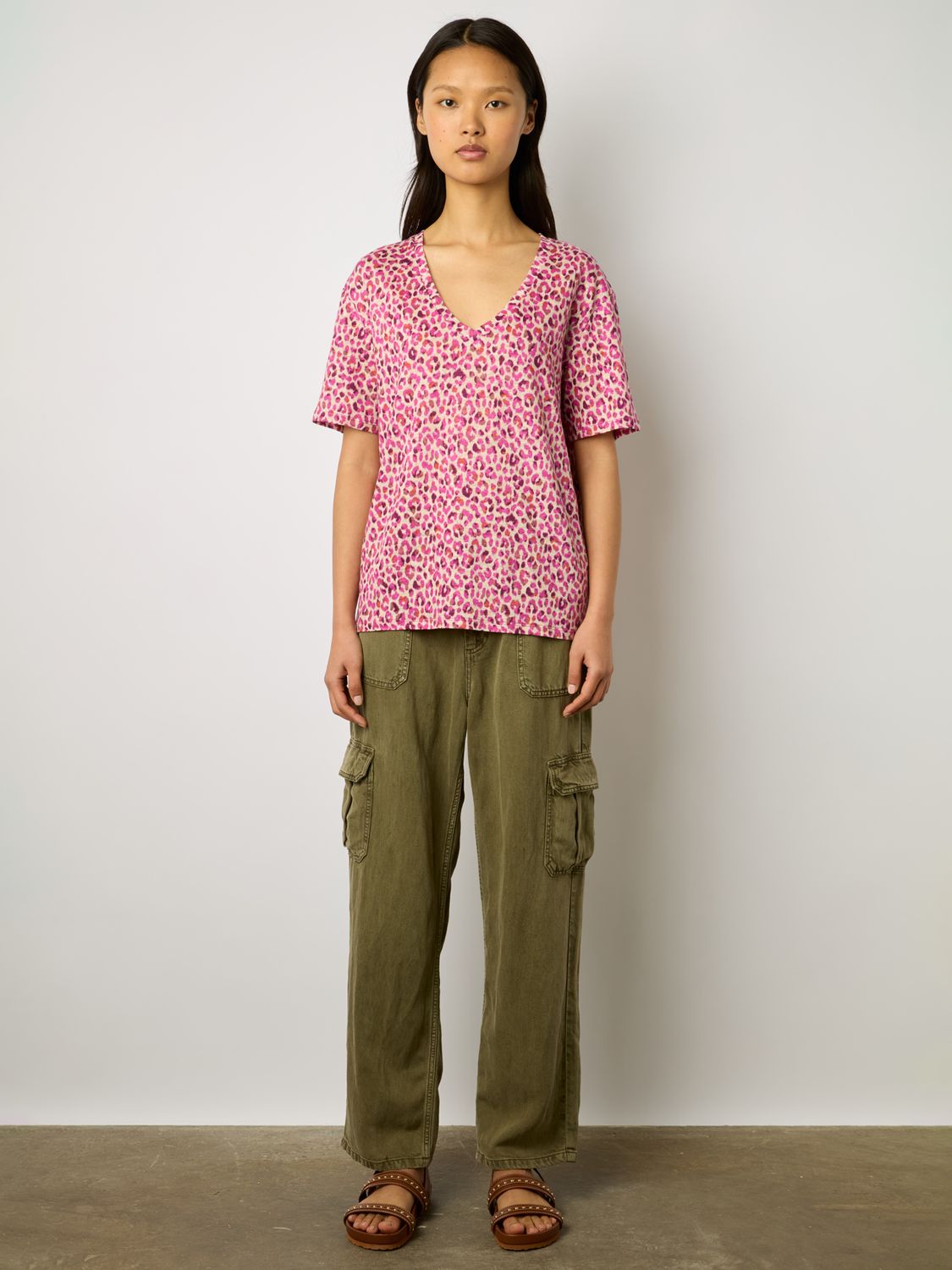 Buy Gerard Darel Misha Linen Leopard Print T-Shirt, Fuschia Online at johnlewis.com