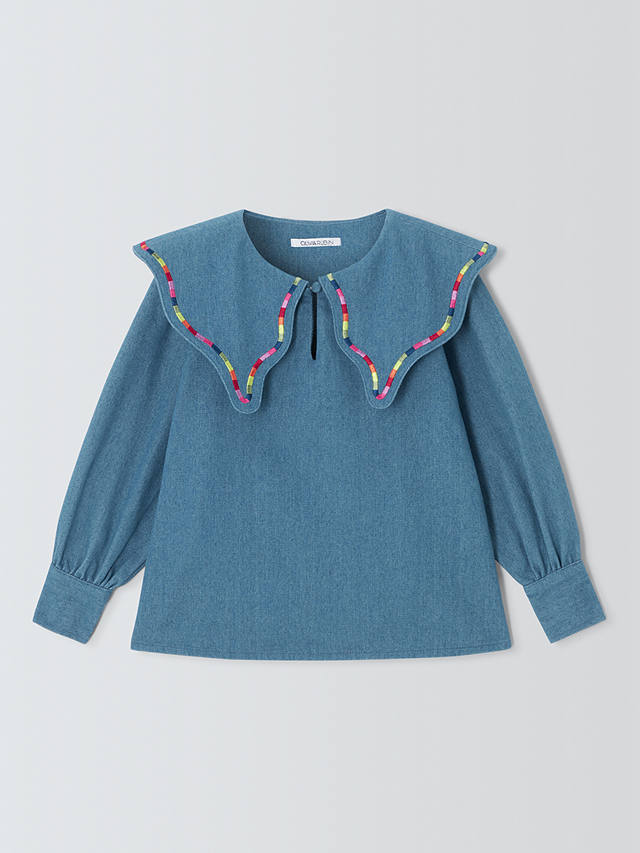 Olivia Rubin Kids' Bryony Rainbow Embroidered Oversized Collar Blouse, Denim