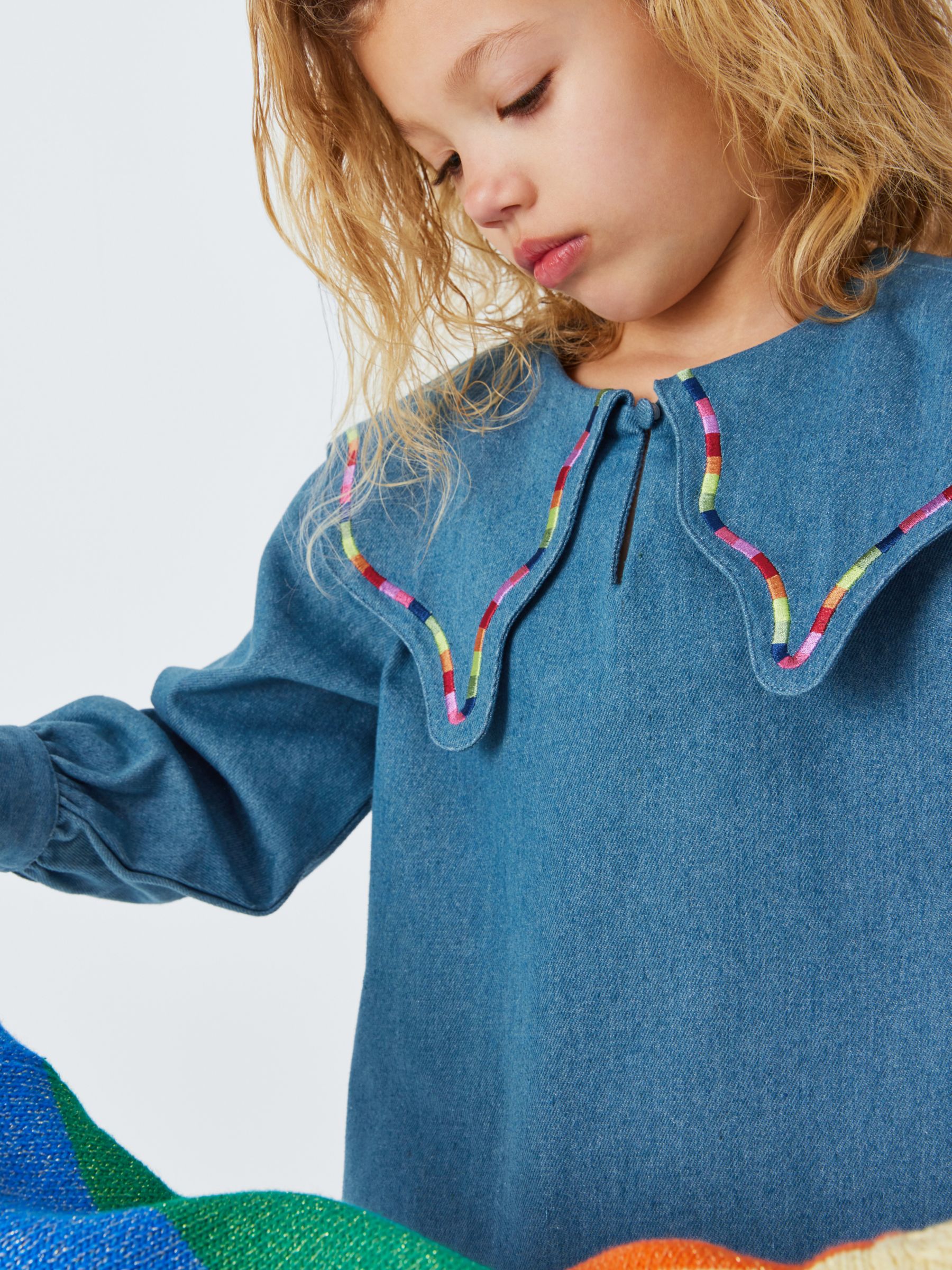 Olivia Rubin Kids' Bryony Rainbow Embroidered Oversized Collar Blouse, Denim, 4-5 years