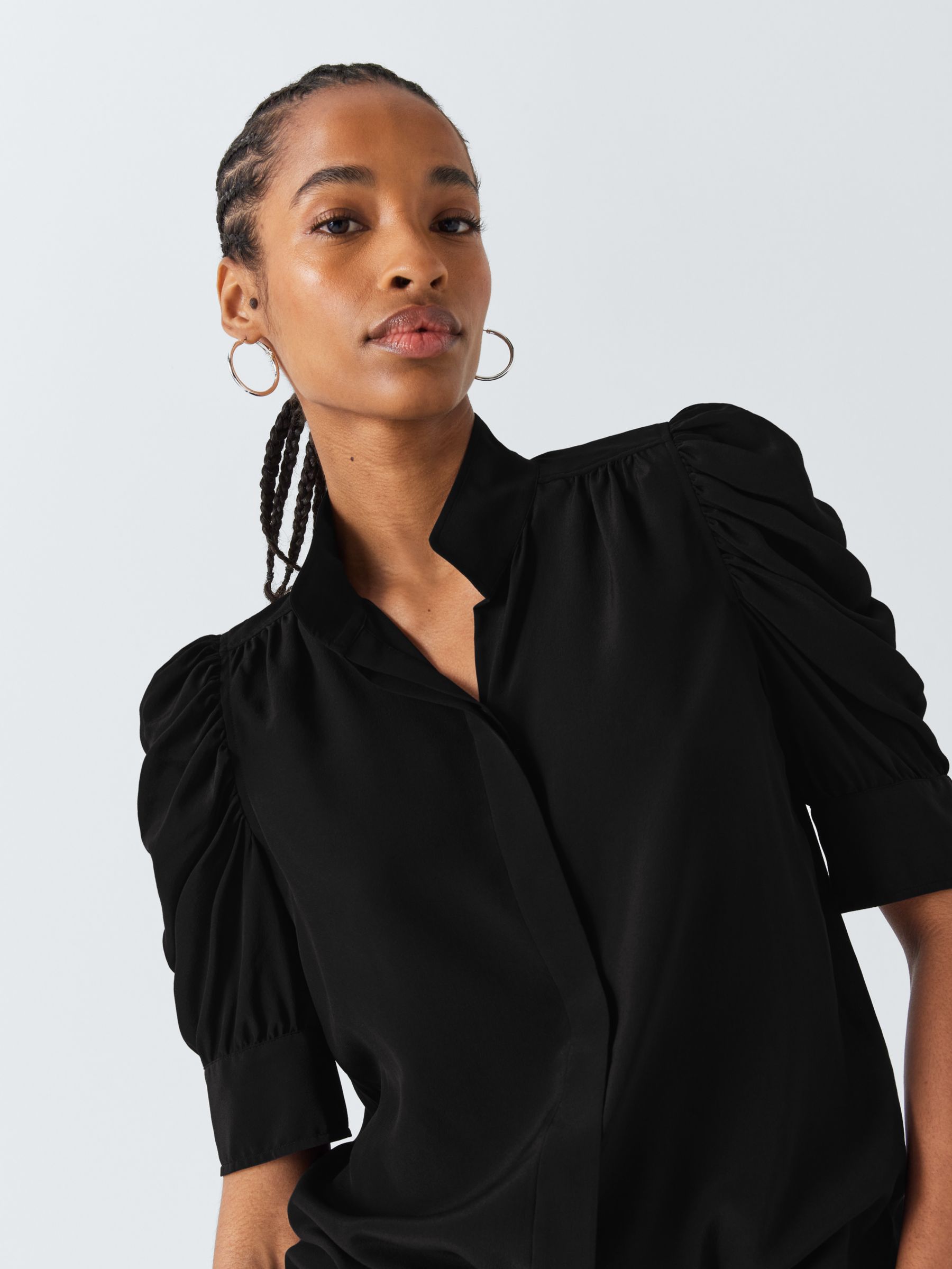 FRAME Gillian Silk Puff Sleeve Blouse, Black at John Lewis & Partners